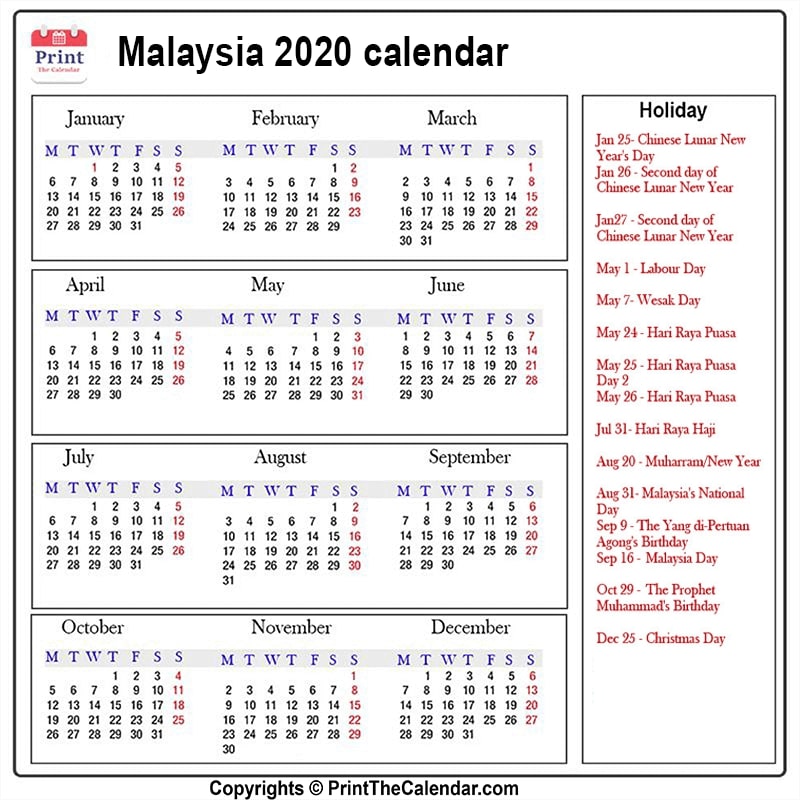 Malaysia Printable Calendar 2020